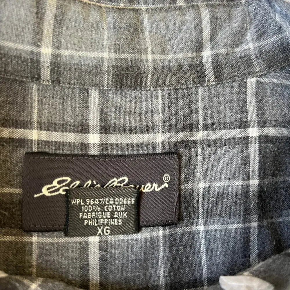 Eddie Bauer Men's Grey Plaid 100% Cotton Long Sleeve Button Down -sz XL